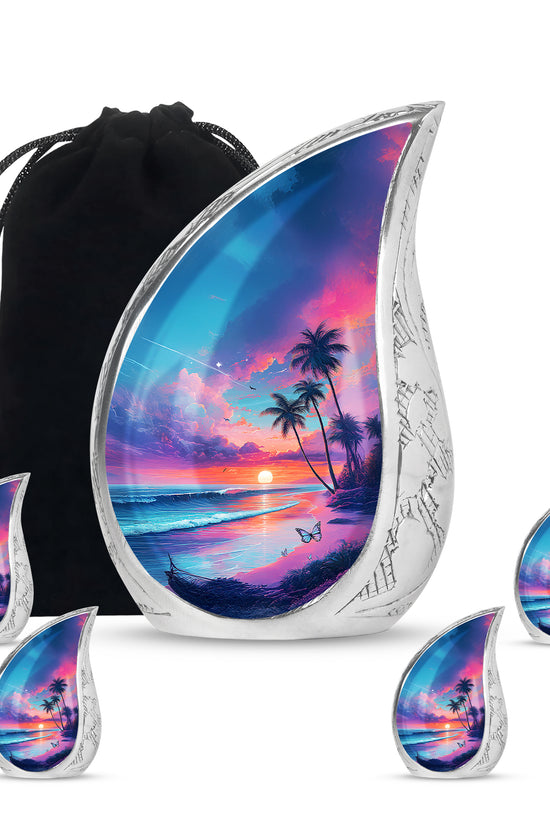 Vivid Blue Beach Cremation Urn side profile showing urn shape - graceful tear-shaped urn with beach motif - memorial set with one large and four small urns
