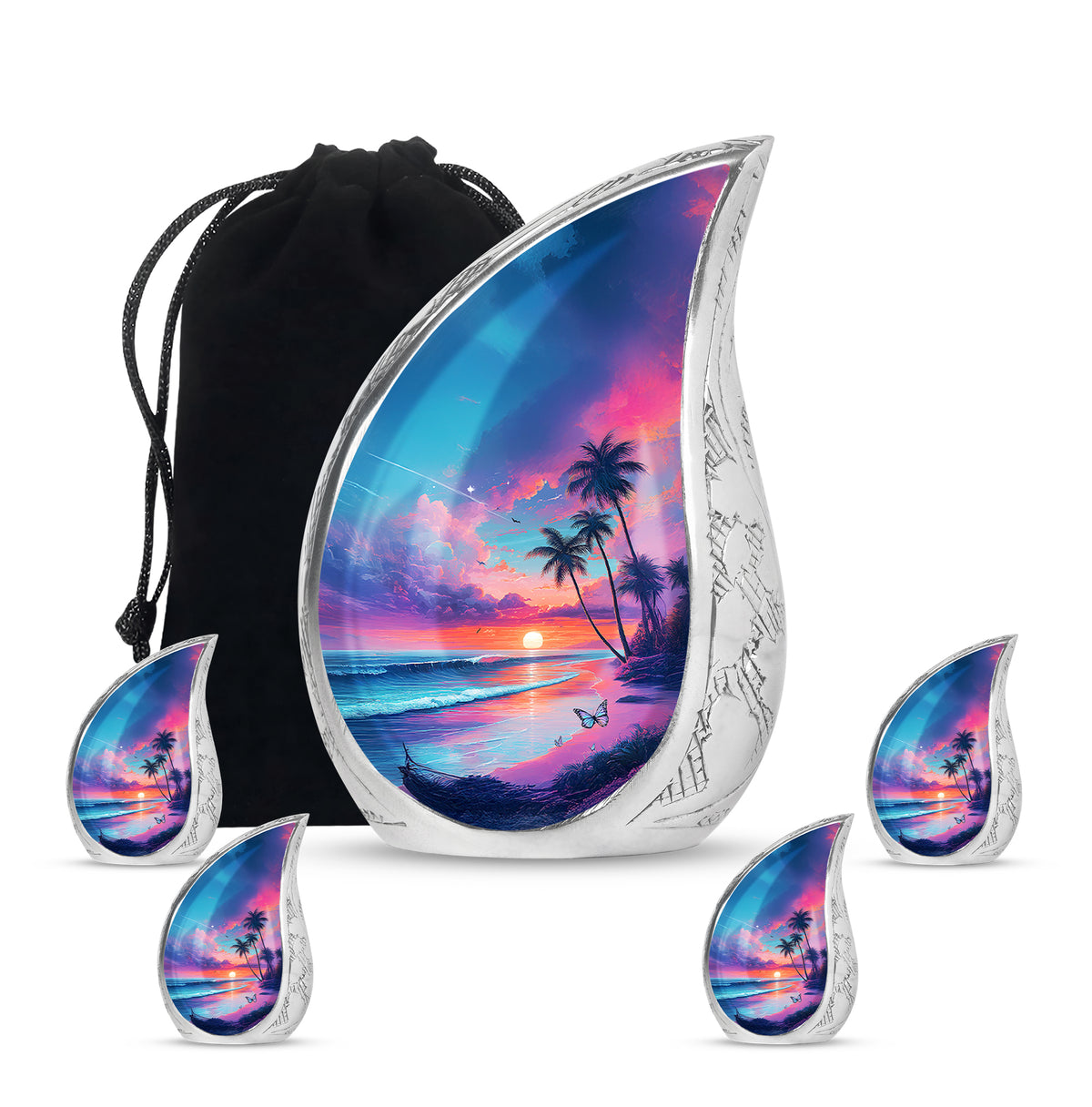 Vivid Blue Beach Cremation Urn side profile showing urn shape - graceful tear-shaped urn with beach motif - memorial set with one large and four small urns