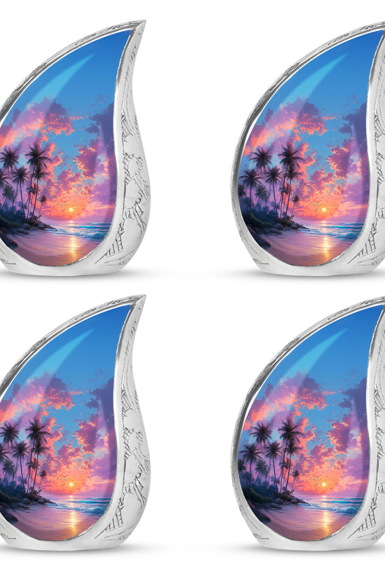 Calming Blue Beach Cremation Urn close-up of engraving and surface detail - smooth teardrop contour featuring beach art - 10 inch aluminum urn for cremated remains
