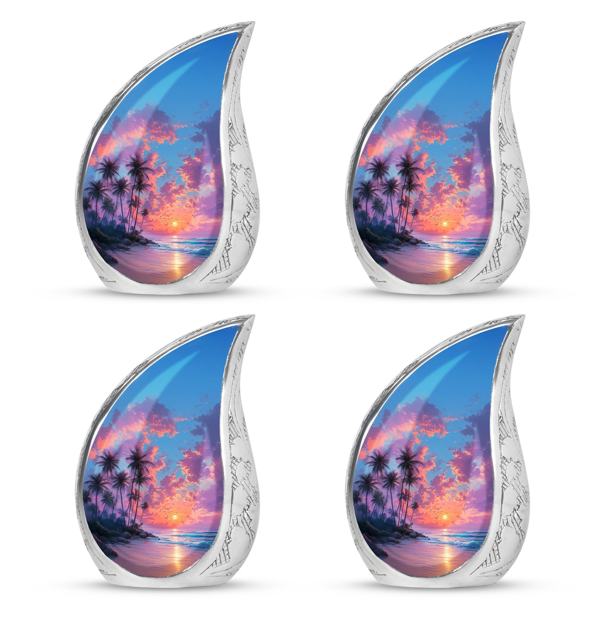Calming Blue Beach Cremation Urn close-up of engraving and surface detail - smooth teardrop contour featuring beach art - 10 inch aluminum urn for cremated remains