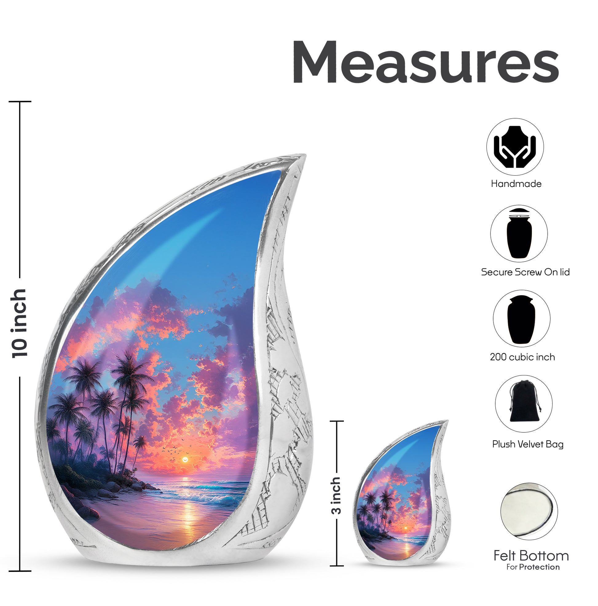 Twilight Blue Beach Cremation Urn angled view of lid and engraved motif - graceful tear-shaped urn with beach motif - mini keepsake memorial for portion of cremation ashes
