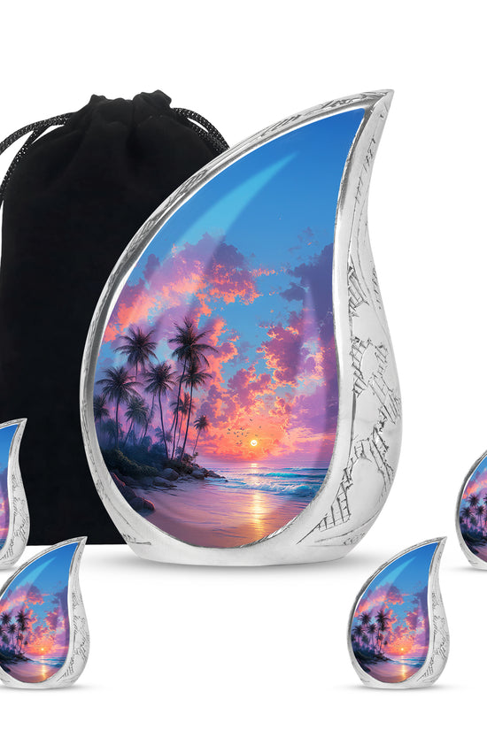 Sky Blue Beach Cremation Urn side profile showing urn shape - flowing teardrop beach silhouette on curved aluminum - memorial set with one large and four small urns