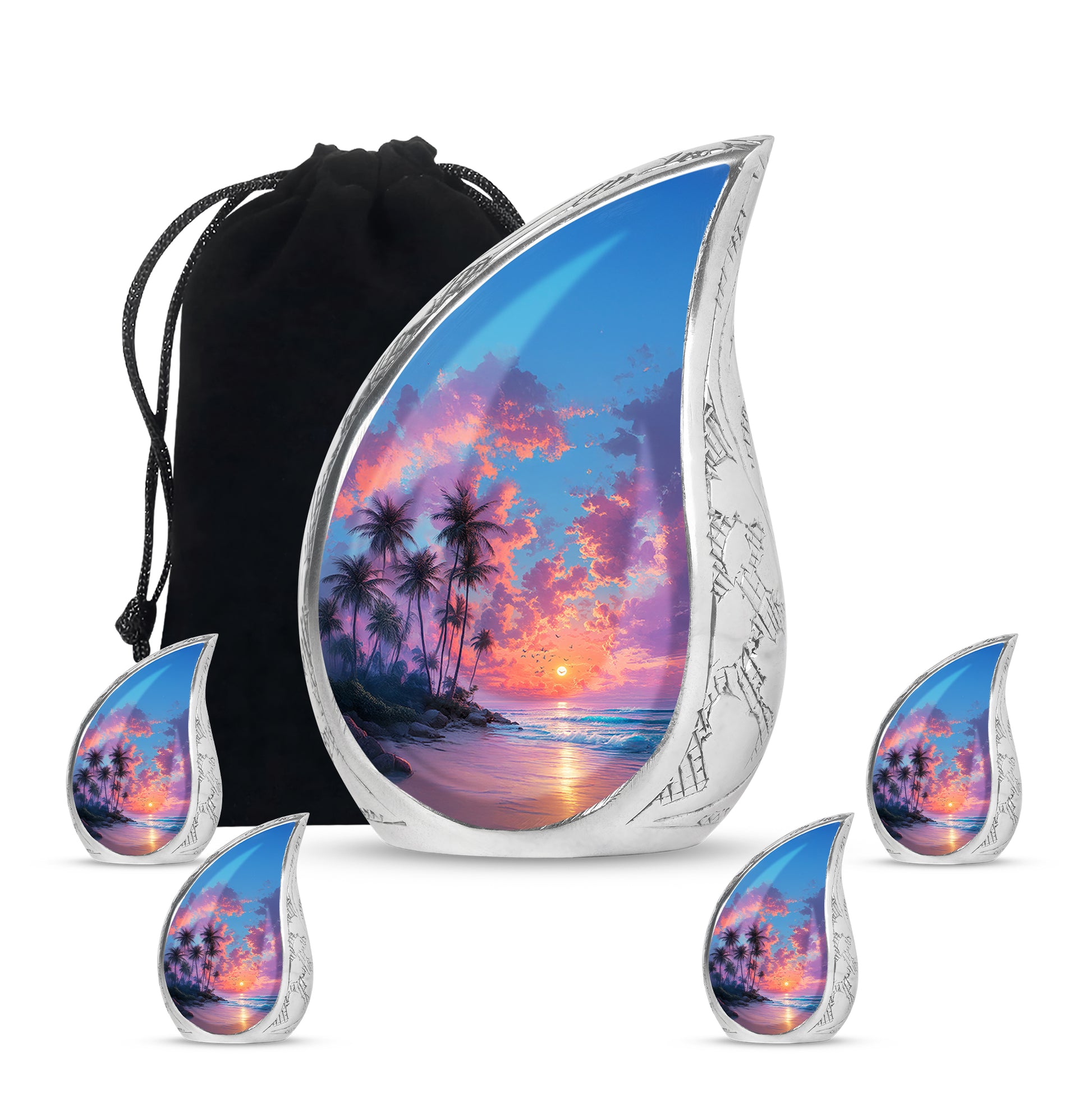Sky Blue Beach Cremation Urn side profile showing urn shape - flowing teardrop beach silhouette on curved aluminum - memorial set with one large and four small urns