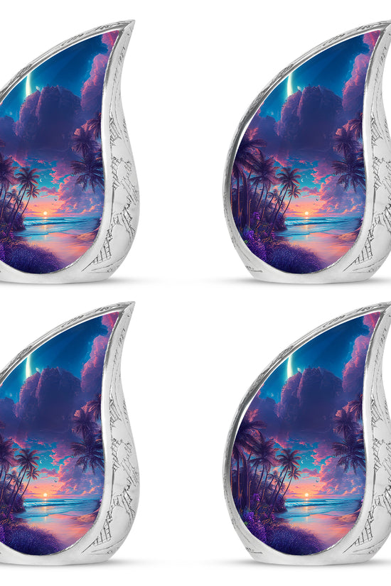 Azure Beach Cremation Urn close-up of engraving and surface detail - rounded teardrop beach design with delicate detail - 10 inch aluminum urn for cremated remains