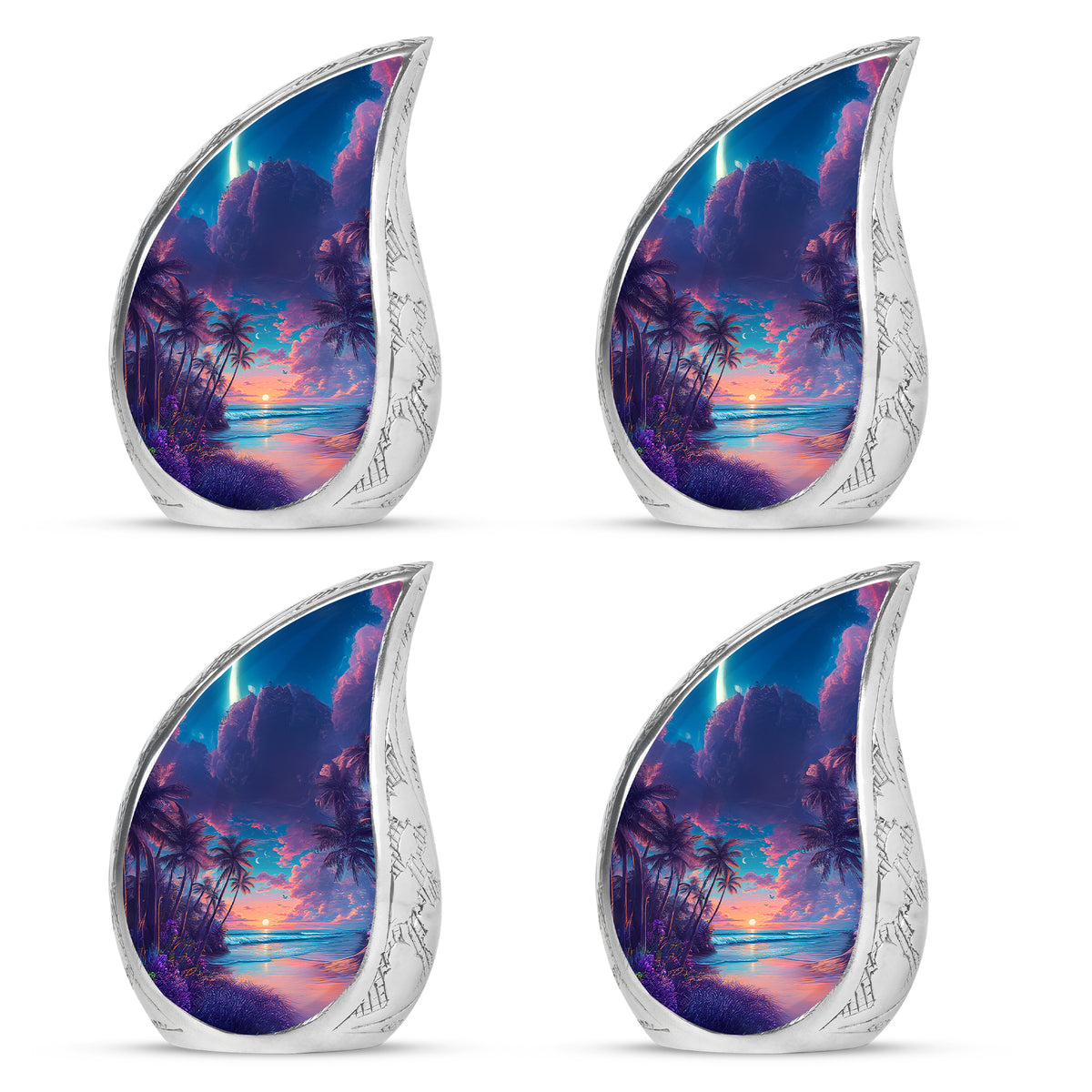 Azure Beach Cremation Urn close-up of engraving and surface detail - rounded teardrop beach design with delicate detail - 10 inch aluminum urn for cremated remains