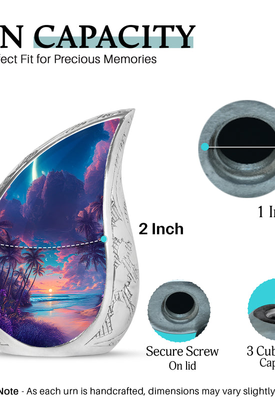 Steel Blue Beach Cremation Urn angled view of lid and engraved motif - smooth teardrop contour featuring beach art - mini keepsake memorial for portion of cremation ashes