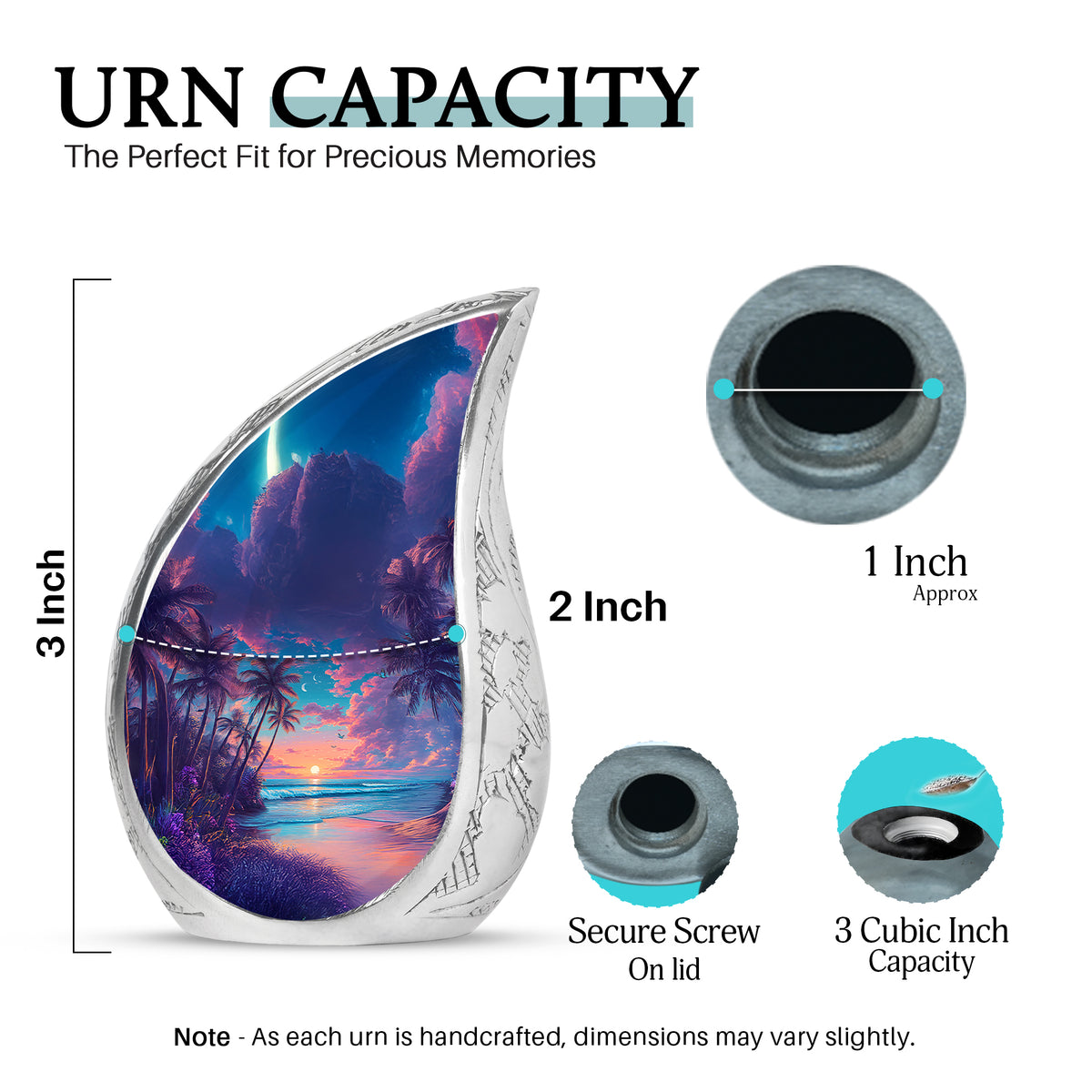 Steel Blue Beach Cremation Urn angled view of lid and engraved motif - smooth teardrop contour featuring beach art - mini keepsake memorial for portion of cremation ashes