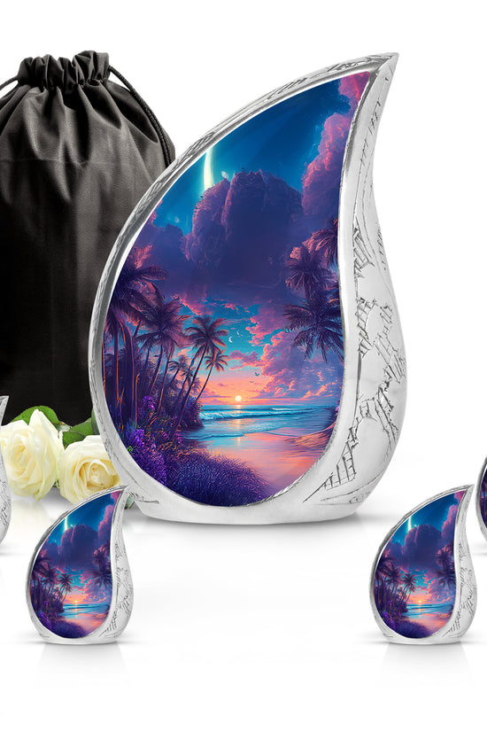 Vivid Blue Beach Cremation Urn side profile showing urn shape - graceful tear-shaped urn with beach motif - memorial set with one large and four small urns