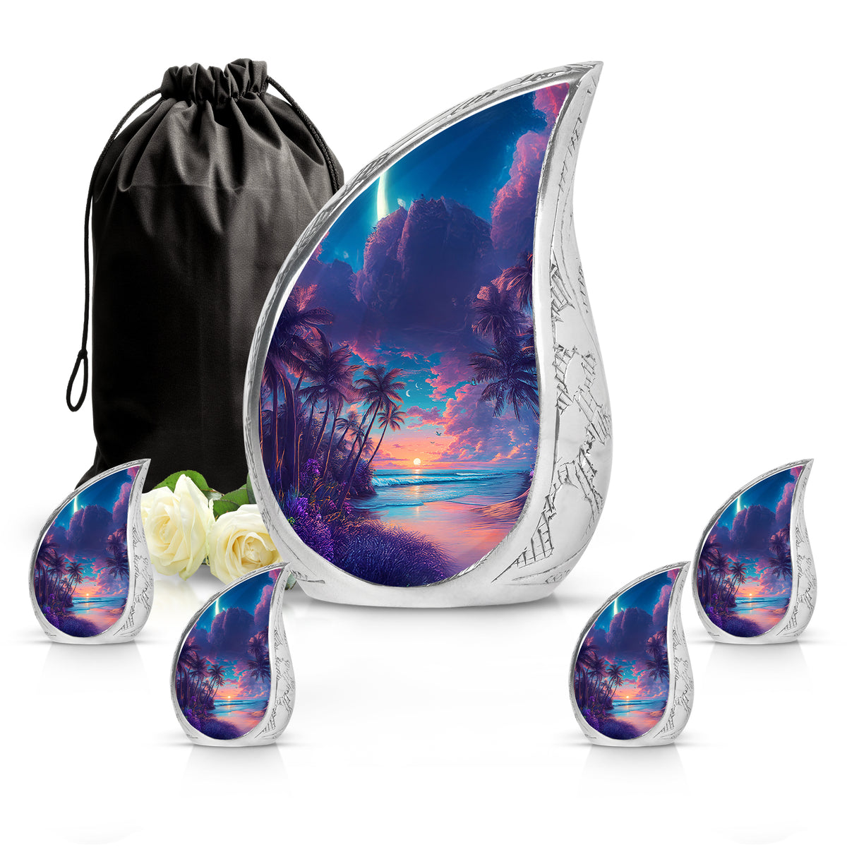 Vivid Blue Beach Cremation Urn side profile showing urn shape - graceful tear-shaped urn with beach motif - memorial set with one large and four small urns
