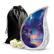 Soft Blue Beach Cremation Urn front view showing detailed design - smooth teardrop contour featuring beach art - full-size 10 inch 200 cubic inch adult cremation urn