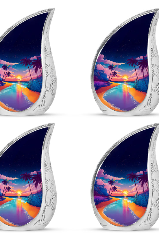 Twilight Blue Beach Cremation Urn close-up of engraving and surface detail - smooth teardrop contour featuring beach art - 10 inch aluminum urn for cremated remains