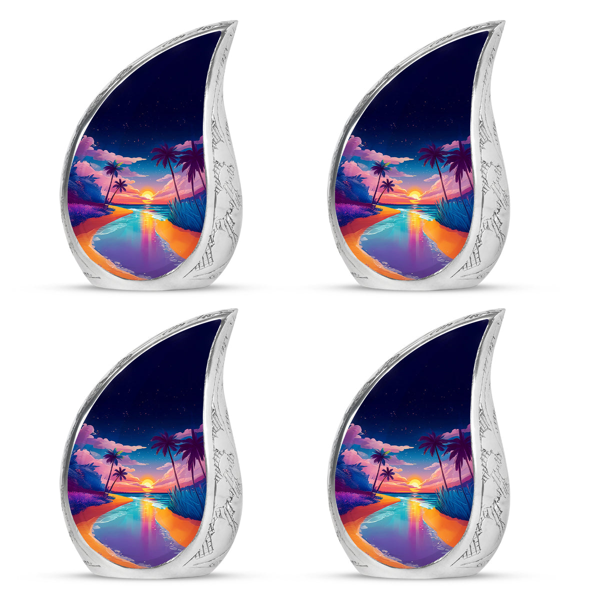 Twilight Blue Beach Cremation Urn close-up of engraving and surface detail - smooth teardrop contour featuring beach art - 10 inch aluminum urn for cremated remains