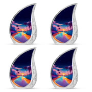 Twilight Blue Beach Cremation Urn close-up of engraving and surface detail - smooth teardrop contour featuring beach art - 10 inch aluminum urn for cremated remains