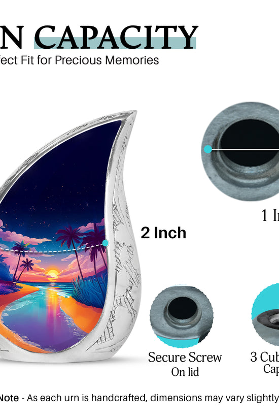 Twilight Blue Beach Cremation Urn angled view of lid and engraved motif - graceful tear-shaped urn with beach motif - mini keepsake memorial for portion of cremation ashes
