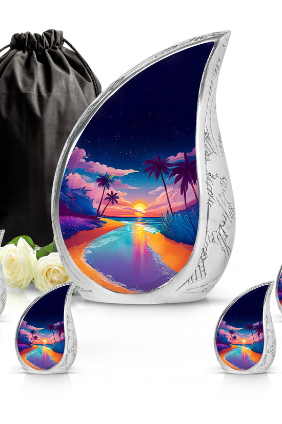 Soft Blue Beach Cremation Urn side profile showing urn shape - smooth teardrop contour featuring beach art - memorial set with one large and four small urns