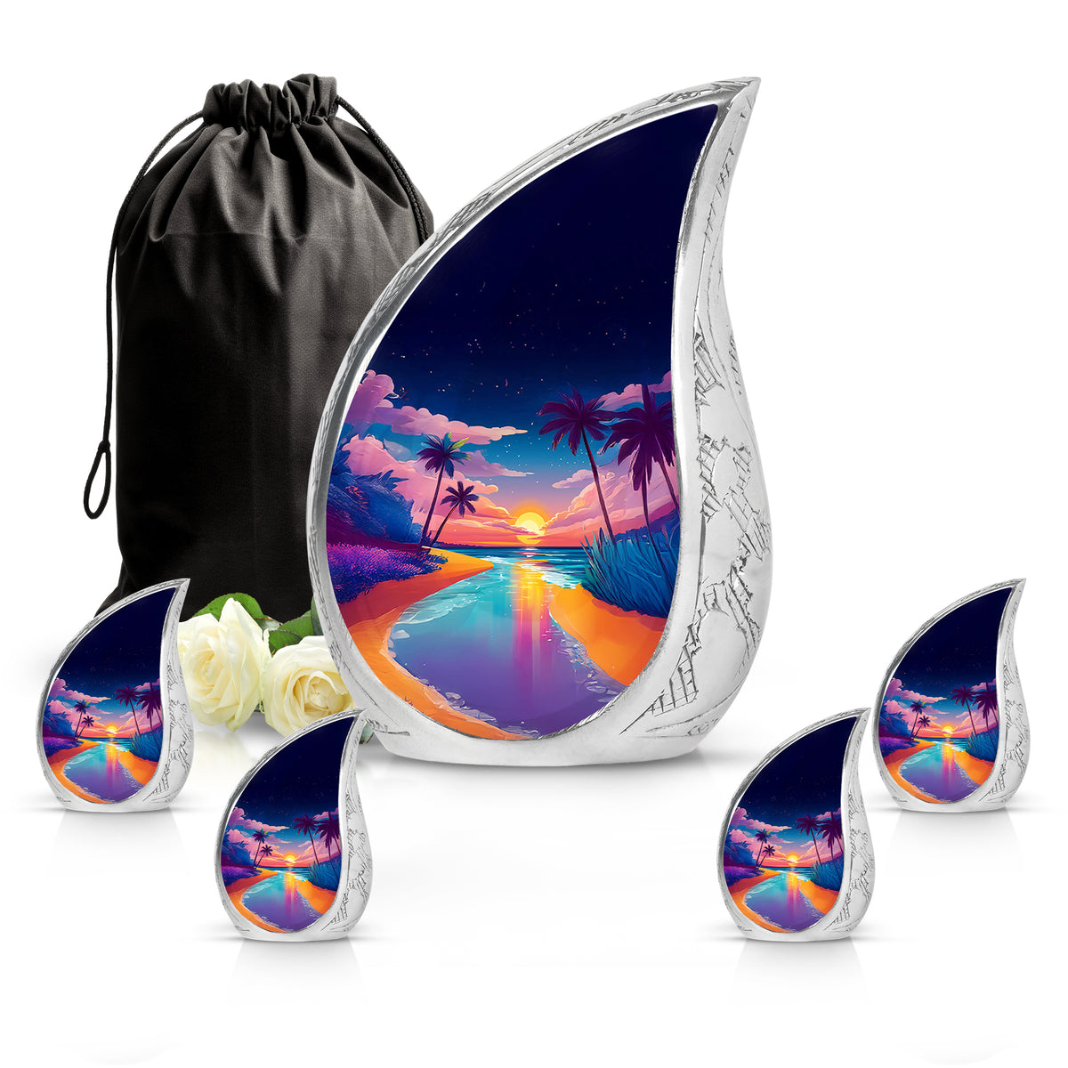 Soft Blue Beach Cremation Urn side profile showing urn shape - smooth teardrop contour featuring beach art - memorial set with one large and four small urns