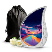 Misty Blue Beach Cremation Urn front view showing detailed design - rounded teardrop beach design with delicate detail - full-size 10 inch 200 cubic inch adult cremation urn