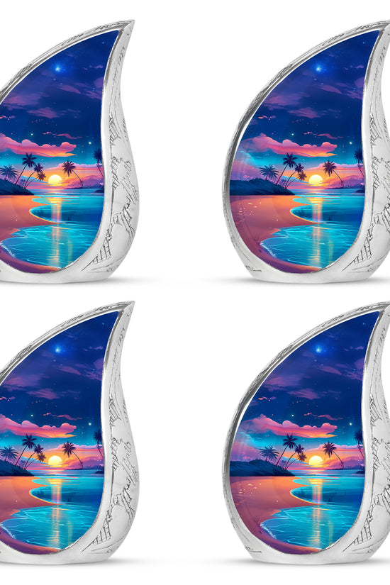 Azure Beach Cremation Urn close-up of engraving and surface detail - flowing teardrop beach silhouette on curved aluminum - 10 inch aluminum urn for cremated remains
