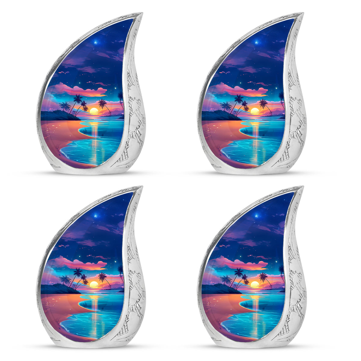 Azure Beach Cremation Urn close-up of engraving and surface detail - flowing teardrop beach silhouette on curved aluminum - 10 inch aluminum urn for cremated remains