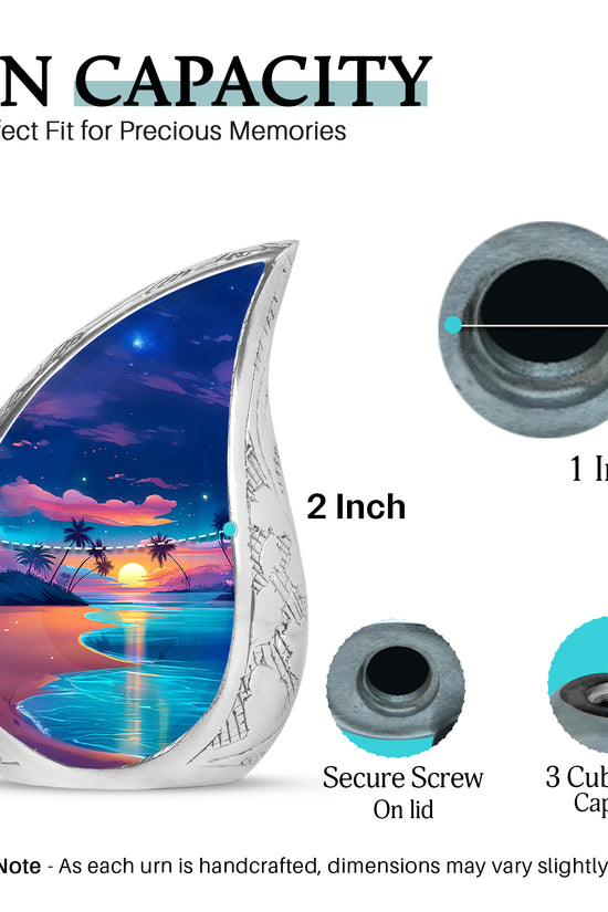 Cornflower Blue Beach Cremation Urn angled view of lid and engraved motif - smooth teardrop contour featuring beach art - mini keepsake memorial for portion of cremation ashes