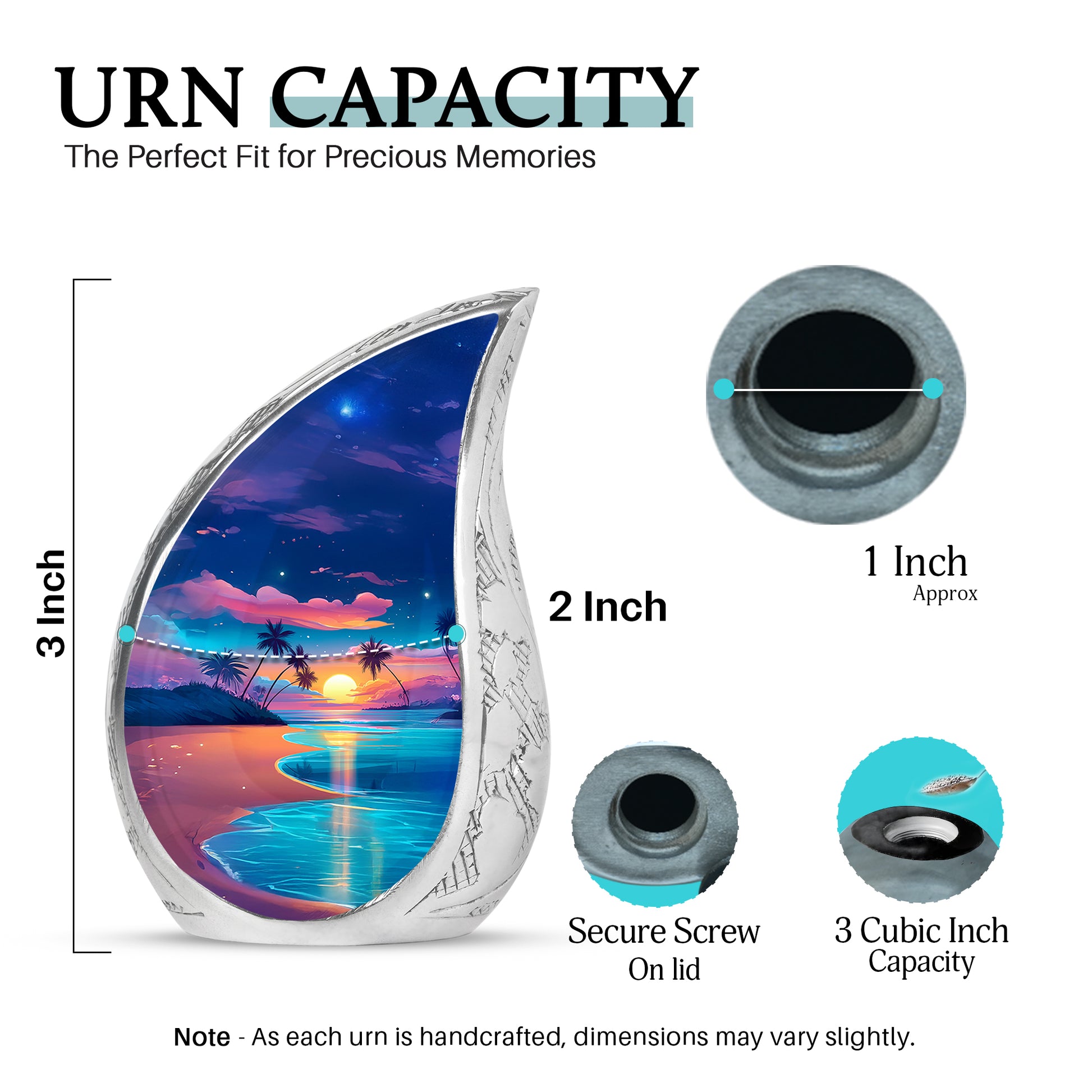 Cornflower Blue Beach Cremation Urn angled view of lid and engraved motif - smooth teardrop contour featuring beach art - mini keepsake memorial for portion of cremation ashes