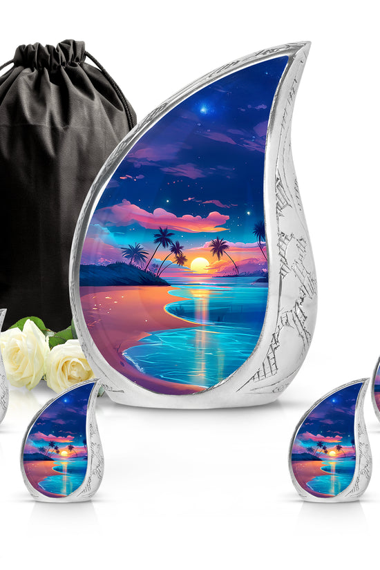 Pastel Blue Beach Cremation Urn side profile showing urn shape - rounded teardrop beach design with delicate detail - memorial set with one large and four small urns