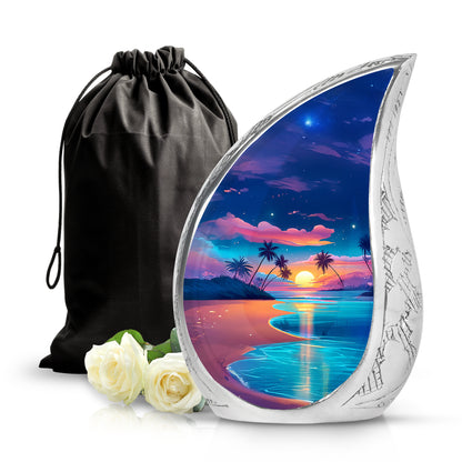 Pastel Blue Beach Cremation Urn front view showing detailed design - rounded teardrop beach design with delicate detail - full-size 10 inch 200 cubic inch adult cremation urn