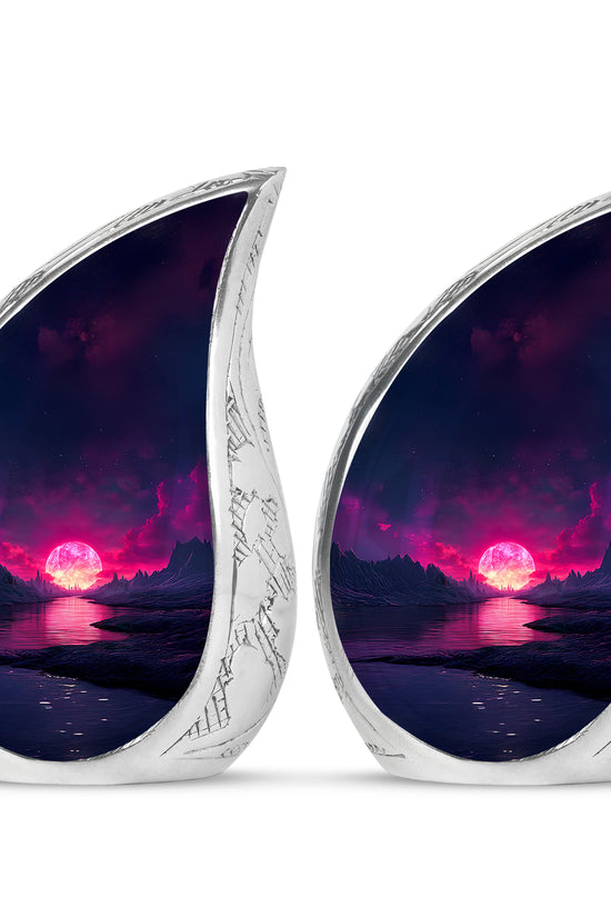 Navy Blue Beach Cremation Urn close-up of engraving and surface detail - flowing teardrop beach silhouette on curved aluminum - 10 inch aluminum urn for cremated remains