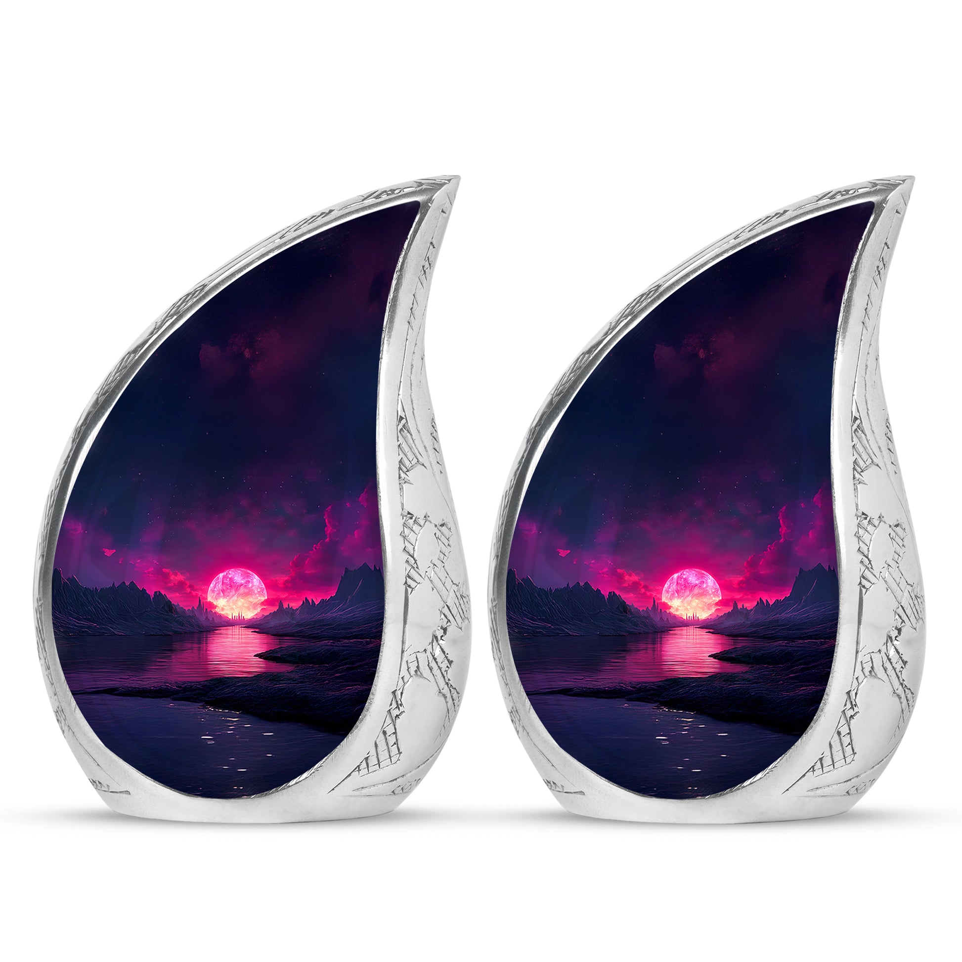 Navy Blue Beach Cremation Urn close-up of engraving and surface detail - flowing teardrop beach silhouette on curved aluminum - 10 inch aluminum urn for cremated remains