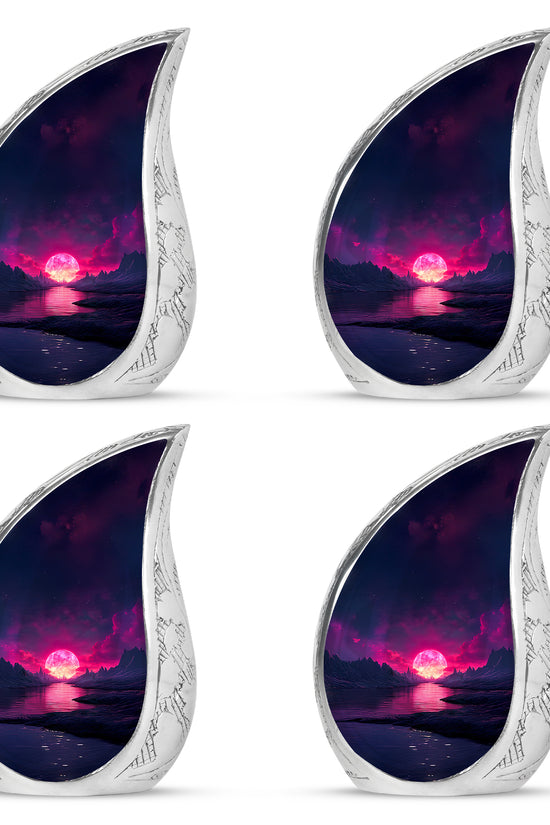 Celestial Blue Beach Cremation Urn angled view of lid and engraved motif - flowing teardrop beach silhouette on curved aluminum - mini keepsake memorial for portion of cremation ashes