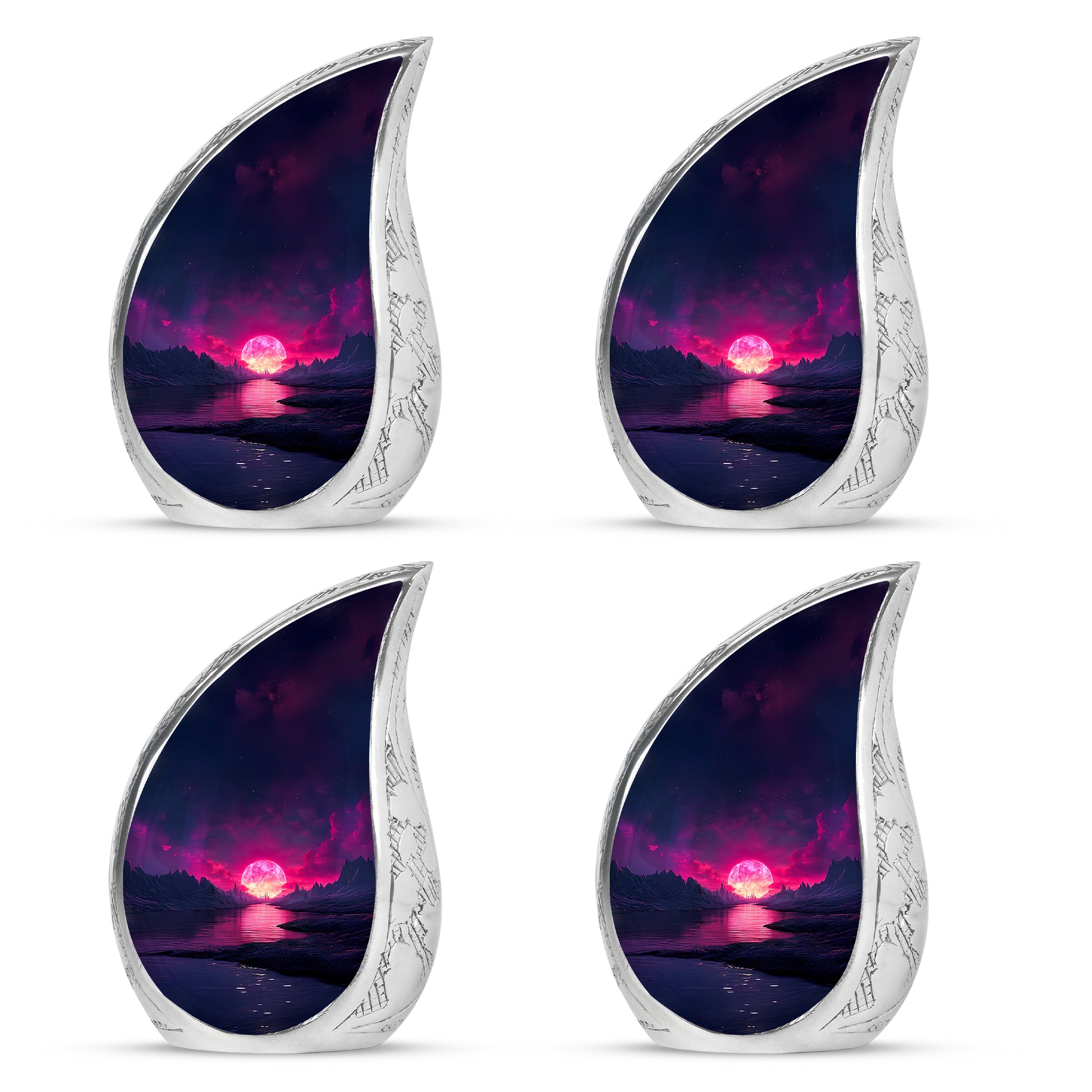 Celestial Blue Beach Cremation Urn angled view of lid and engraved motif - flowing teardrop beach silhouette on curved aluminum - mini keepsake memorial for portion of cremation ashes