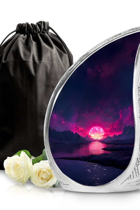 Calming Blue Beach Cremation Urn front view showing detailed design - smooth teardrop contour featuring beach art - full-size 10 inch 200 cubic inch adult cremation urn