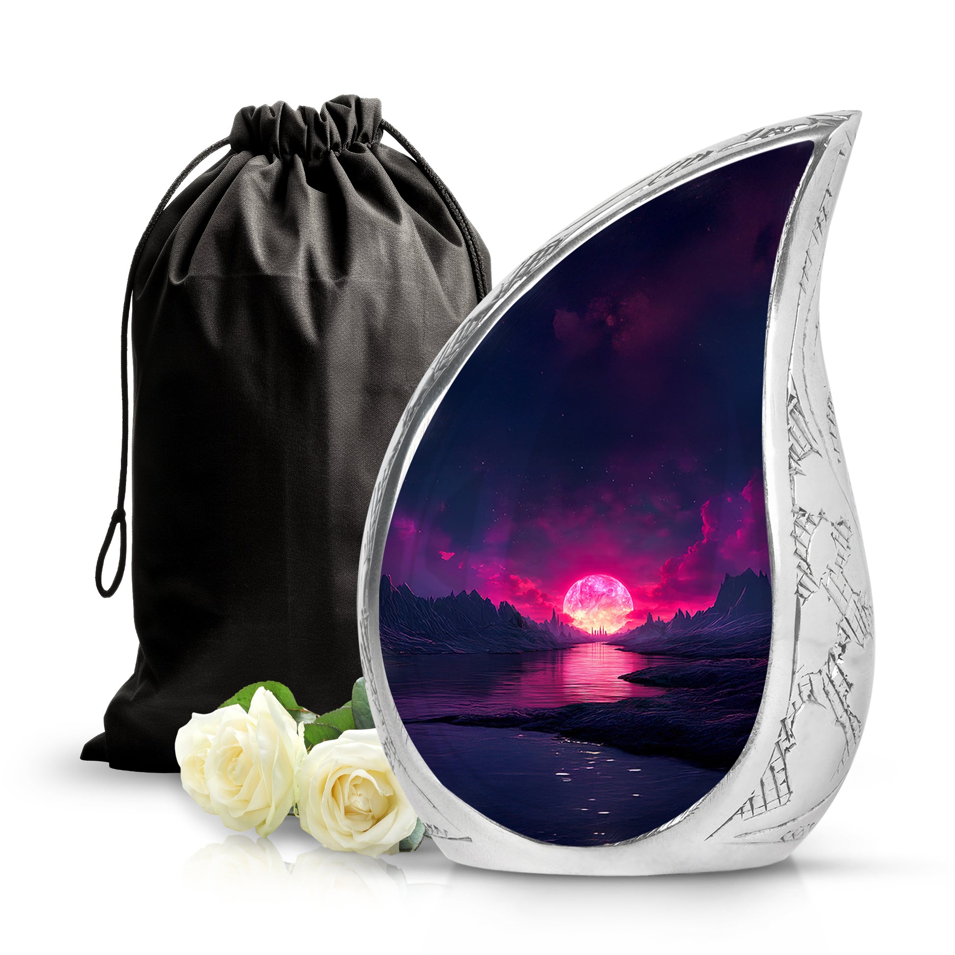 Calming Blue Beach Cremation Urn front view showing detailed design - smooth teardrop contour featuring beach art - full-size 10 inch 200 cubic inch adult cremation urn