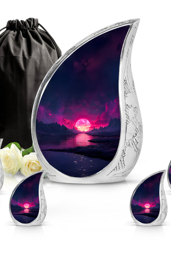 Twilight Blue Beach Cremation Urn side profile showing urn shape - smooth teardrop contour featuring beach art - memorial set with one large and four small urns