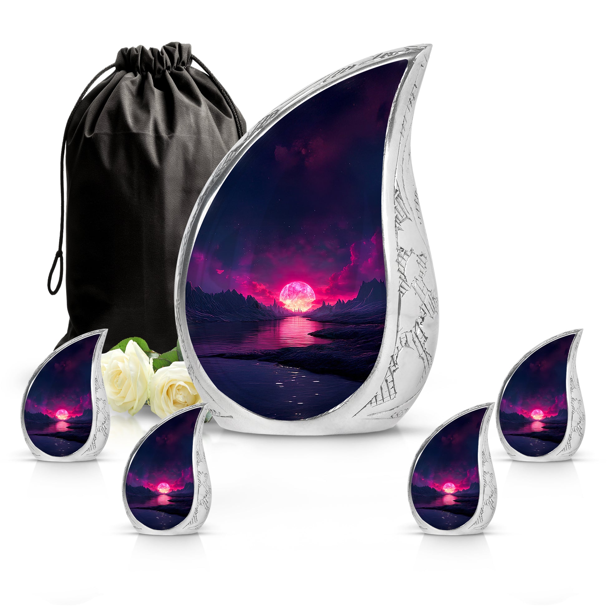 Twilight Blue Beach Cremation Urn side profile showing urn shape - smooth teardrop contour featuring beach art - memorial set with one large and four small urns