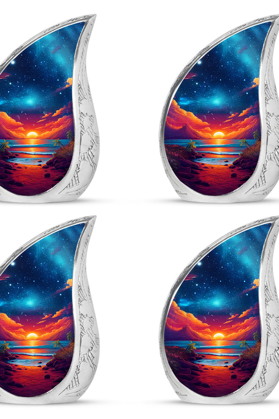 Indigo Beach Cremation Urn close-up of engraving and surface detail - flowing teardrop beach silhouette on curved aluminum - 10 inch aluminum urn for cremated remains