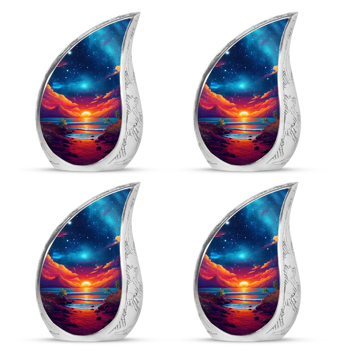 Indigo Beach Cremation Urn close-up of engraving and surface detail - flowing teardrop beach silhouette on curved aluminum - 10 inch aluminum urn for cremated remains