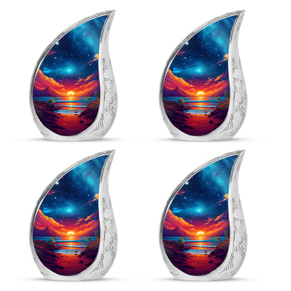 Indigo Beach Cremation Urn close-up of engraving and surface detail - flowing teardrop beach silhouette on curved aluminum - 10 inch aluminum urn for cremated remains