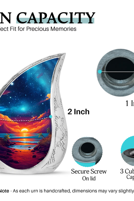 Powder Blue Beach Cremation Urn angled view of lid and engraved motif - flowing teardrop beach silhouette on curved aluminum - mini keepsake memorial for portion of cremation ashes