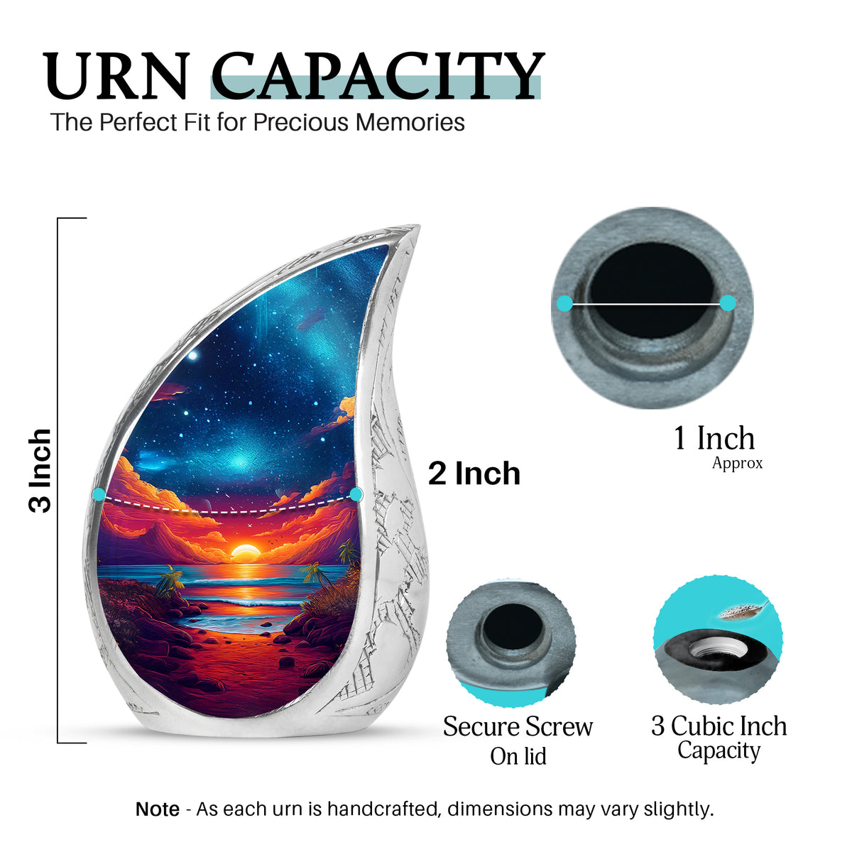 Powder Blue Beach Cremation Urn angled view of lid and engraved motif - flowing teardrop beach silhouette on curved aluminum - mini keepsake memorial for portion of cremation ashes