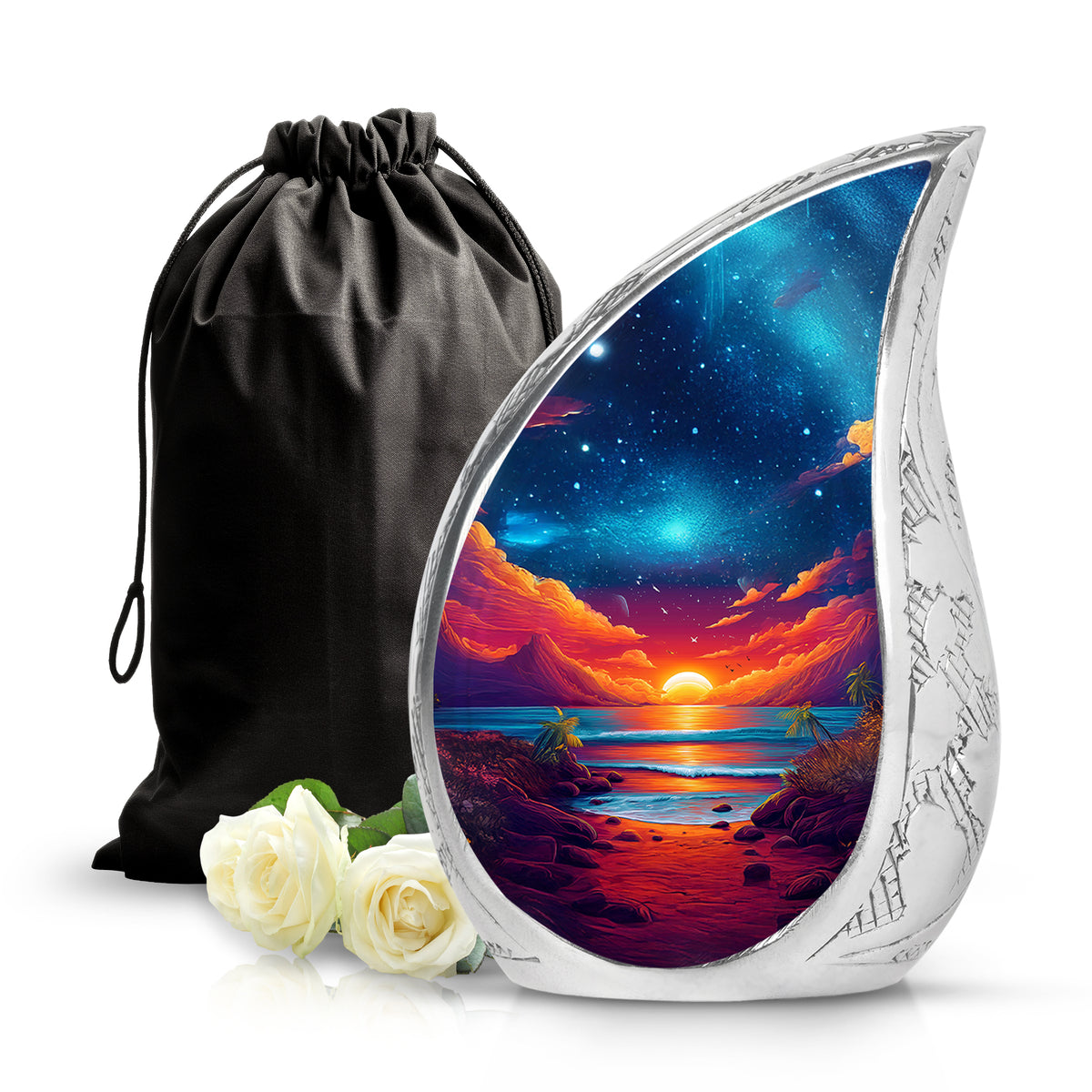 Misty Blue Beach Cremation Urn front view showing detailed design - flowing teardrop beach silhouette on curved aluminum - full-size 10 inch 200 cubic inch adult cremation urn