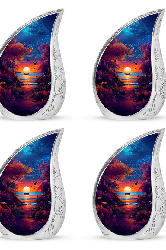 Bright Blue Beach Cremation Urn close-up of engraving and surface detail - graceful tear-shaped urn with beach motif - 10 inch aluminum urn for cremated remains