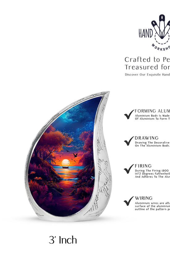 Serene Blue Beach Cremation Urn angled view of lid and engraved motif - smooth teardrop contour featuring beach art - mini keepsake memorial for portion of cremation ashes