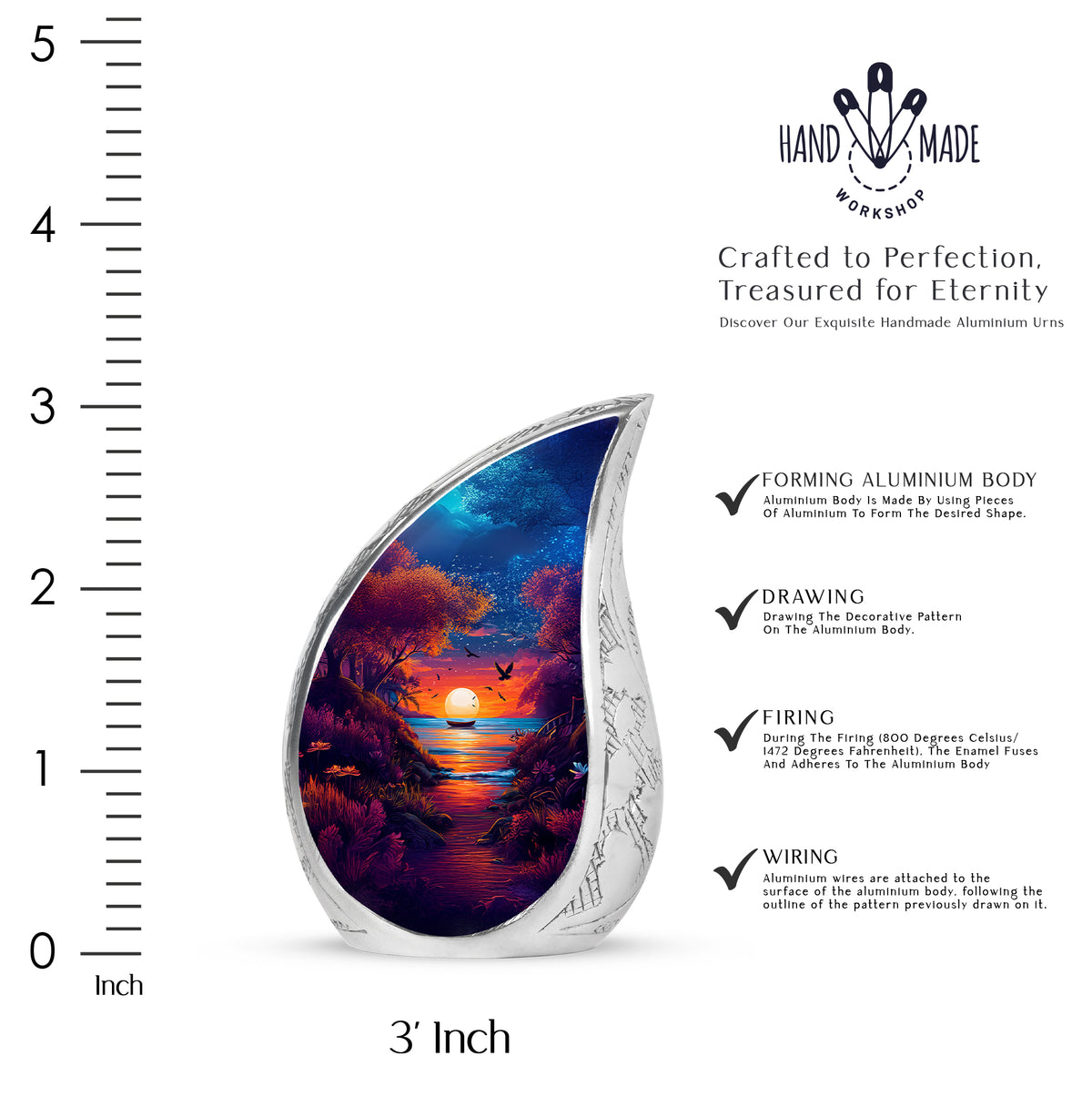 Serene Blue Beach Cremation Urn angled view of lid and engraved motif - smooth teardrop contour featuring beach art - mini keepsake memorial for portion of cremation ashes