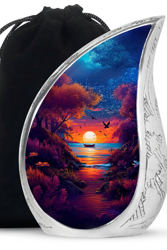 Powder Blue Beach Cremation Urn front view showing detailed design - flowing teardrop beach silhouette on curved aluminum - full-size 10 inch 200 cubic inch adult cremation urn