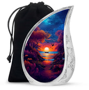 Powder Blue Beach Cremation Urn front view showing detailed design - flowing teardrop beach silhouette on curved aluminum - full-size 10 inch 200 cubic inch adult cremation urn