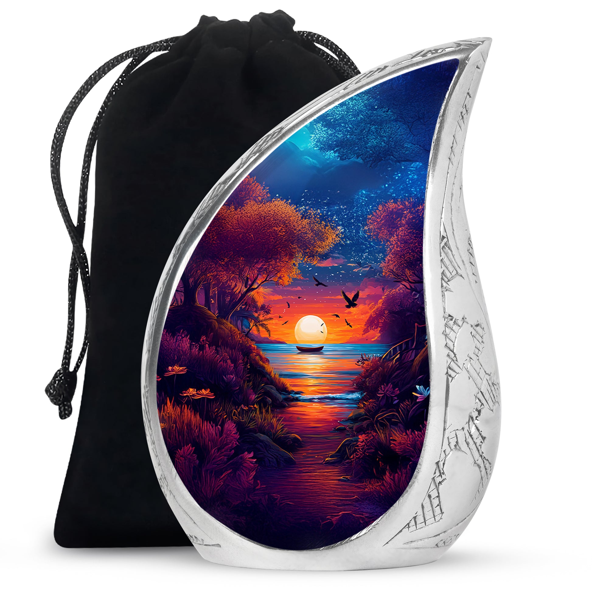 Powder Blue Beach Cremation Urn front view showing detailed design - flowing teardrop beach silhouette on curved aluminum - full-size 10 inch 200 cubic inch adult cremation urn