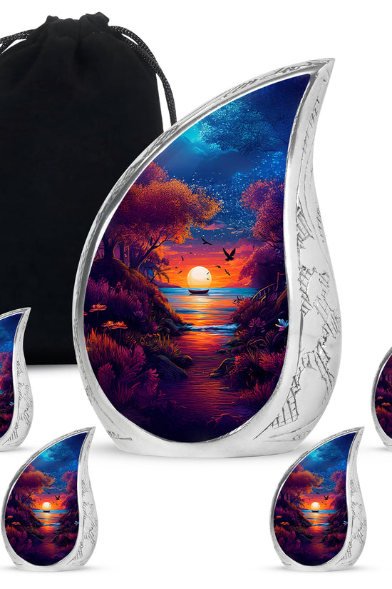 Vivid Blue Beach Cremation Urn side profile showing urn shape - graceful tear-shaped urn with beach motif - memorial set with one large and four small urns