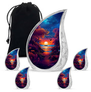 Vivid Blue Beach Cremation Urn side profile showing urn shape - graceful tear-shaped urn with beach motif - memorial set with one large and four small urns