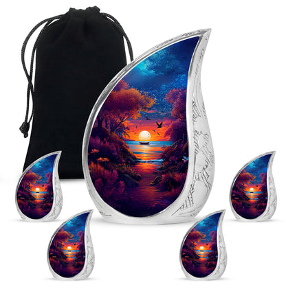 Vivid Blue Beach Cremation Urn side profile showing urn shape - graceful tear-shaped urn with beach motif - memorial set with one large and four small urns